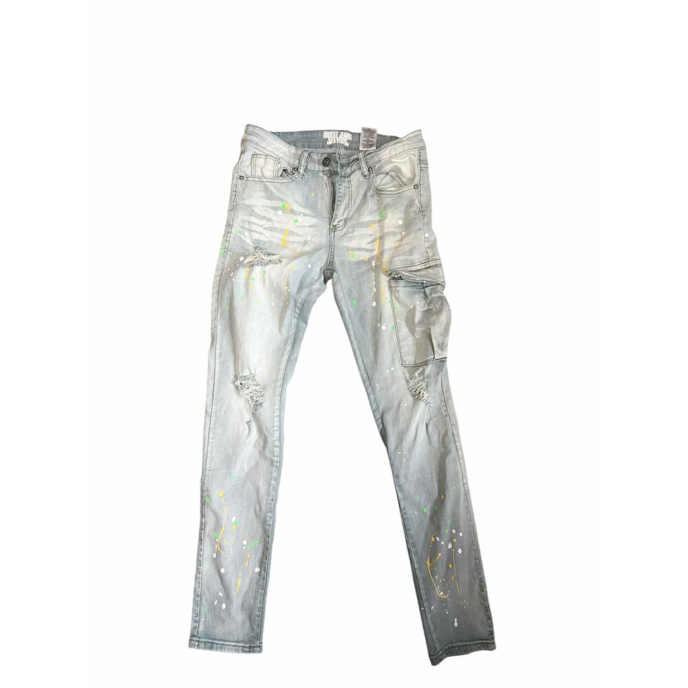 Hustle Jeans Slim Skinny Paint Splatter Light Wash Distressed Denim Men 30 Y2K